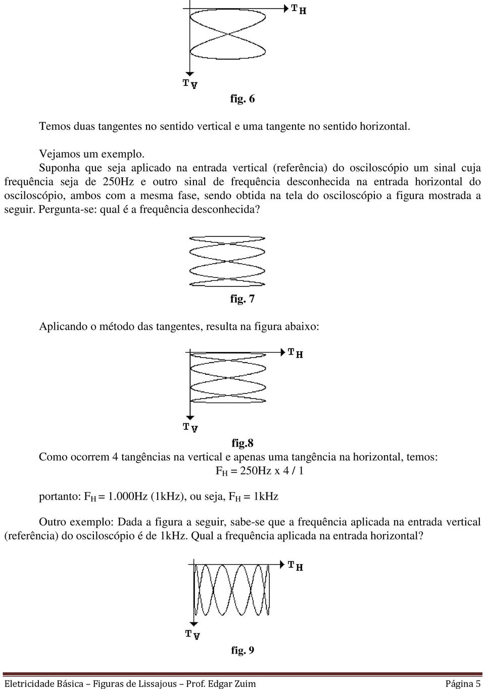 com a mesma fase, sendo obtida na tela do osciloscópio a figura mostrada a seguir. Pergunta-se: qual é a frequência desconhecida? fig. 7 Aplicando o método das tangentes, resulta na figura abaixo: fig.