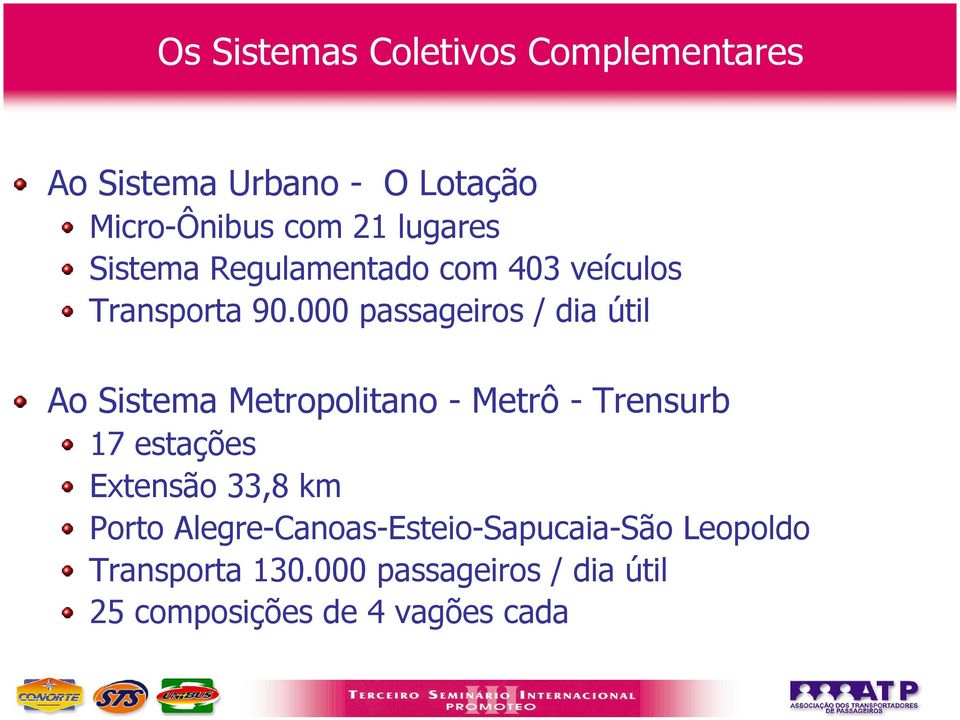 000 passageiros / dia útil Ao Sistema Metropolitano - Metrô - Trensurb 17 estações Extensão