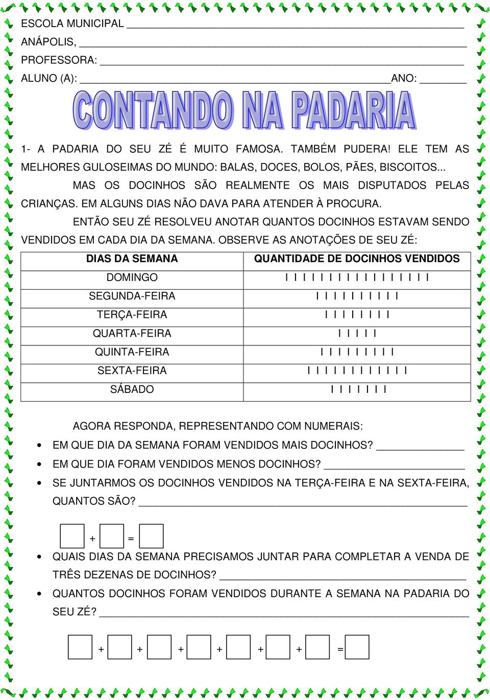 ENTÃO SEU ZÉ RESOLVEU ANOTAR QUANTOS DOCINHOS ESTAVAM SENDO VENDIDOS EM CADA DIA DA SEMANA.