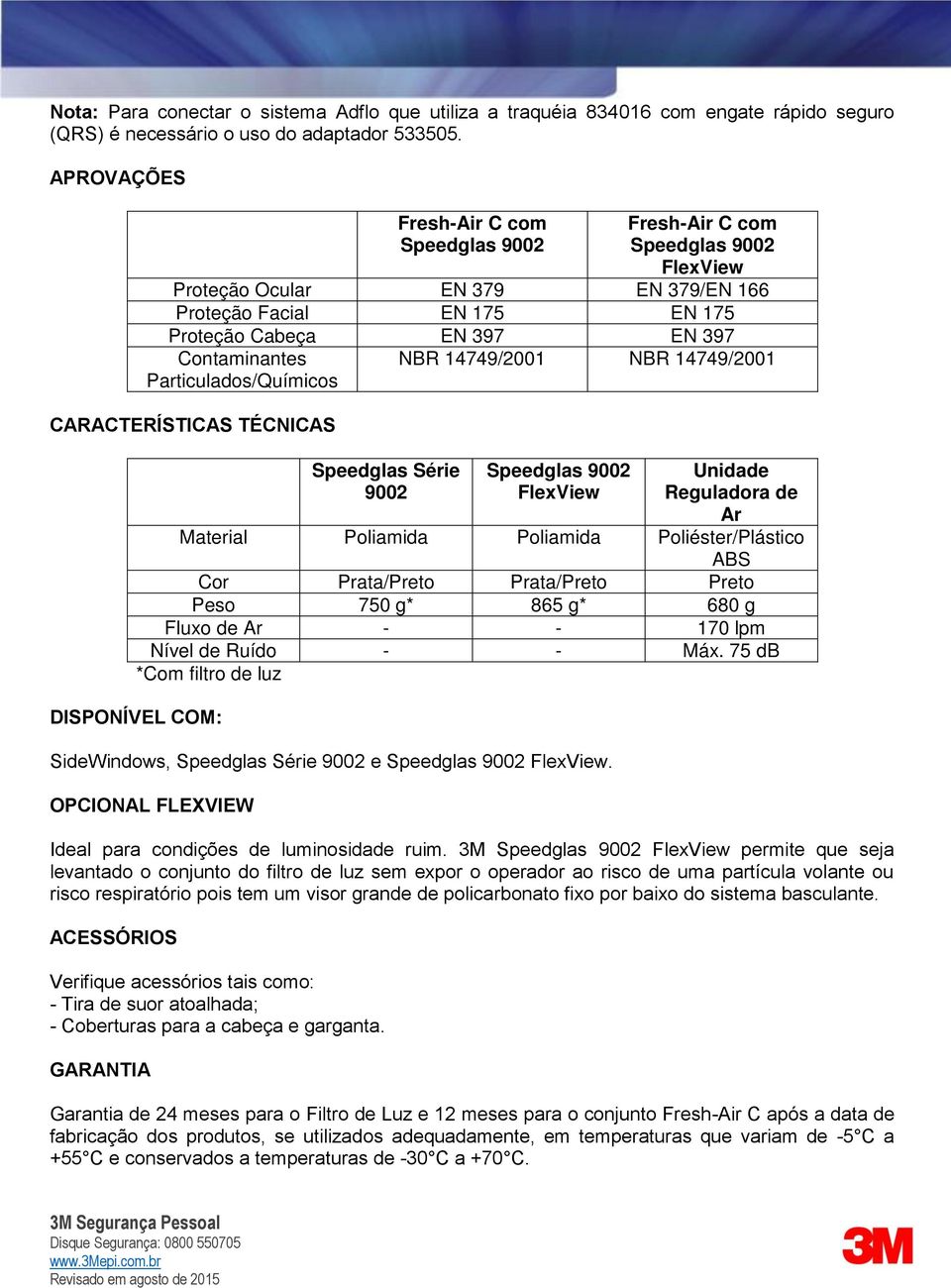 Particulados/Químicos CARACTERÍSTICAS TÉCNICAS Speedglas Série 9002 NBR 14749/2001 NBR 14749/2001 Speedglas 9002 FlexView Unidade Reguladora de Ar Material Poliamida Poliamida Poliéster/Plástico ABS