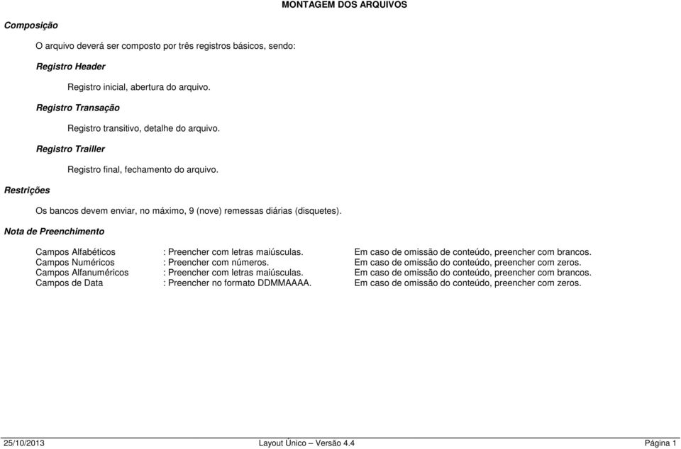 Nota de Preenchimento Campos Alfabéticos : Preencher com letras maiúsculas. Em caso de omissão de conteúdo, preencher com brancos. Campos Numéricos : Preencher com números.