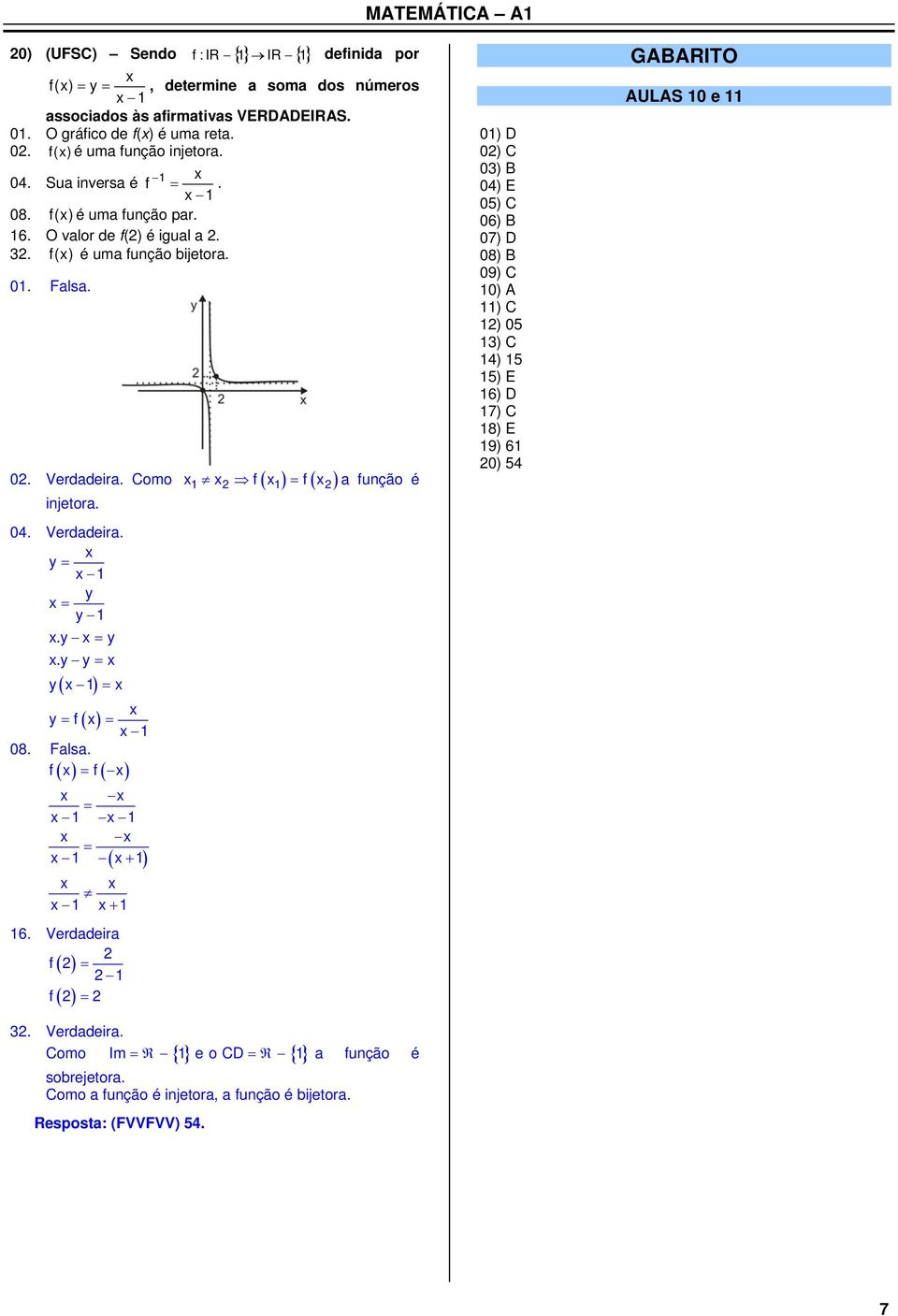 y y.y y y y 08. Falsa. 6. Verdadeira. Verdadeira. a unção é Como Im e o CD a unção é sobrejetora. Como a unção é injetora, a unção é bijetora.