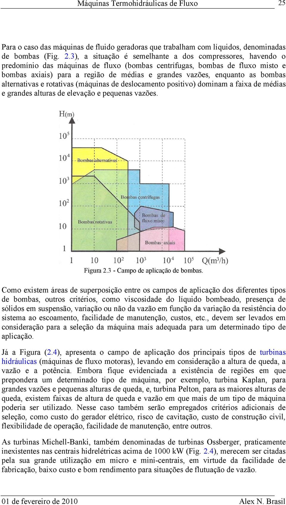 enquanto as bombas alternativas e rotativas (máquinas de deslocamento positivo) dominam a faixa de médias e grandes alturas de elevação e pequenas vazões. Figura 2.3 - Campo de aplicação de bombas.