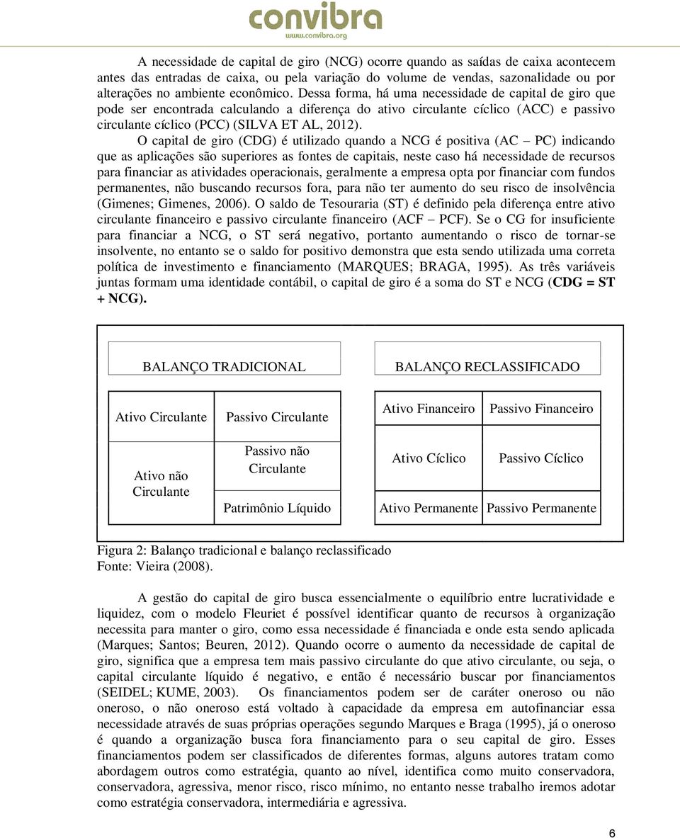 O capital de giro (CDG) é utilizado quando a NCG é positiva (AC PC) indicando que as aplicações são superiores as fontes de capitais, neste caso há necessidade de recursos para financiar as