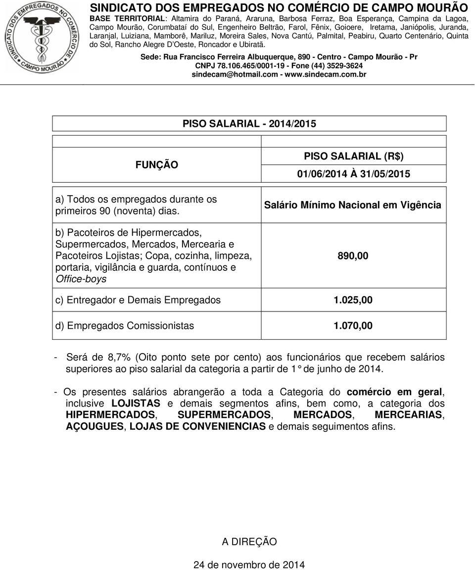 À 31/05/2015 Salário Mínimo Nacional em Vigência 890,00 c) Entregador e Demais Empregados 1.025,00 d) Empregados Comissionistas 1.