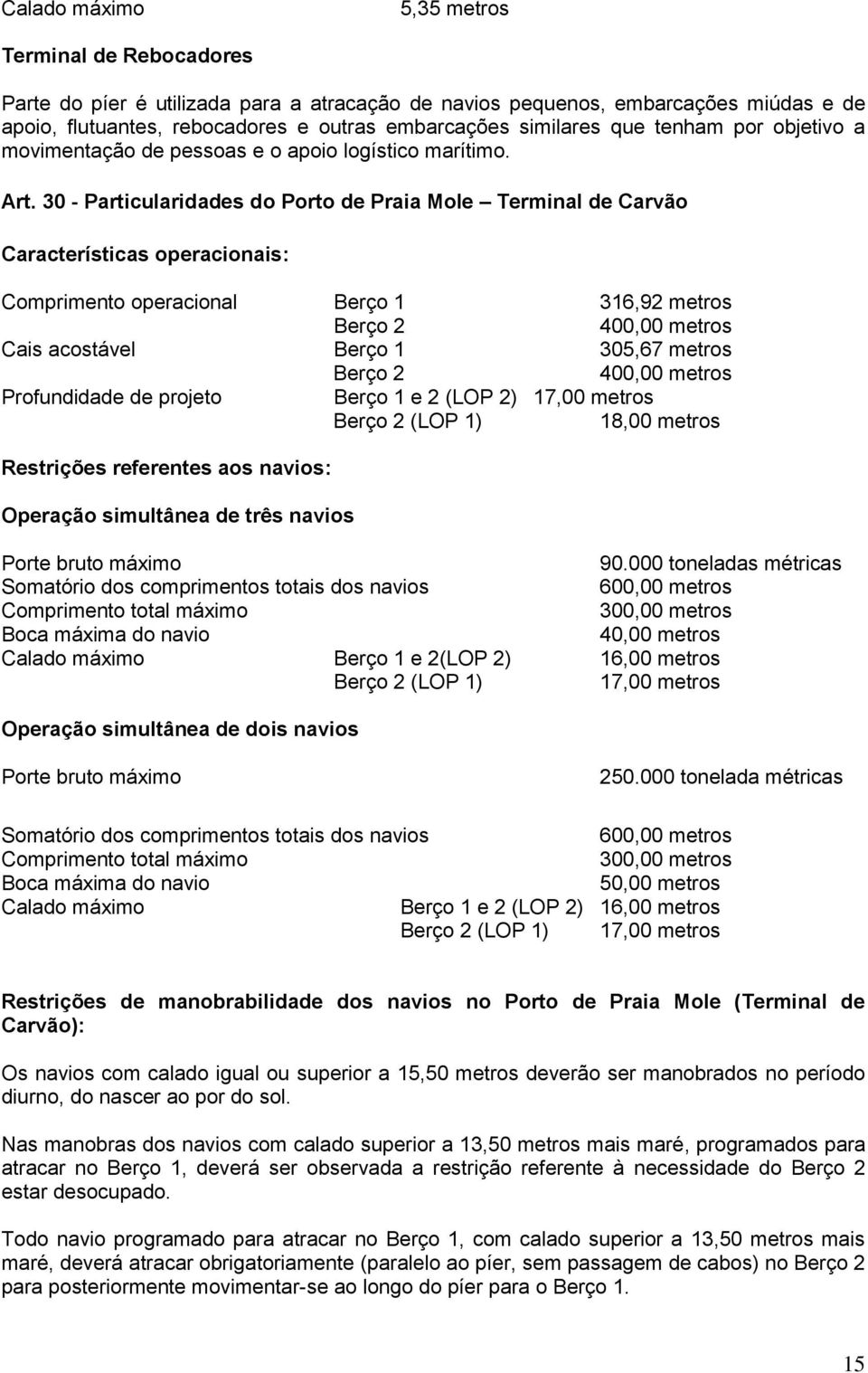 30 - Particularidades do Porto de Praia Mole Terminal de Carvão Características operacionais: Comprimento operacional Berço 1 316,92 metros Berço 2 400,00 metros Cais acostável Berço 1 305,67 metros