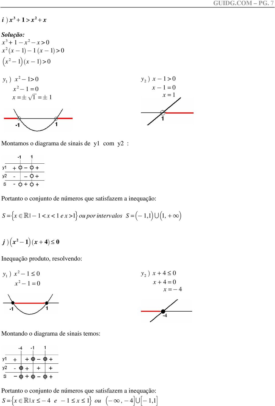 = 0 x = 1 Montamos o diagrama de sinais de y1 com y : Portanto o conjunto de números que satisazem a inequação: R S S = xr @1 < x < 1 e x >1 ou