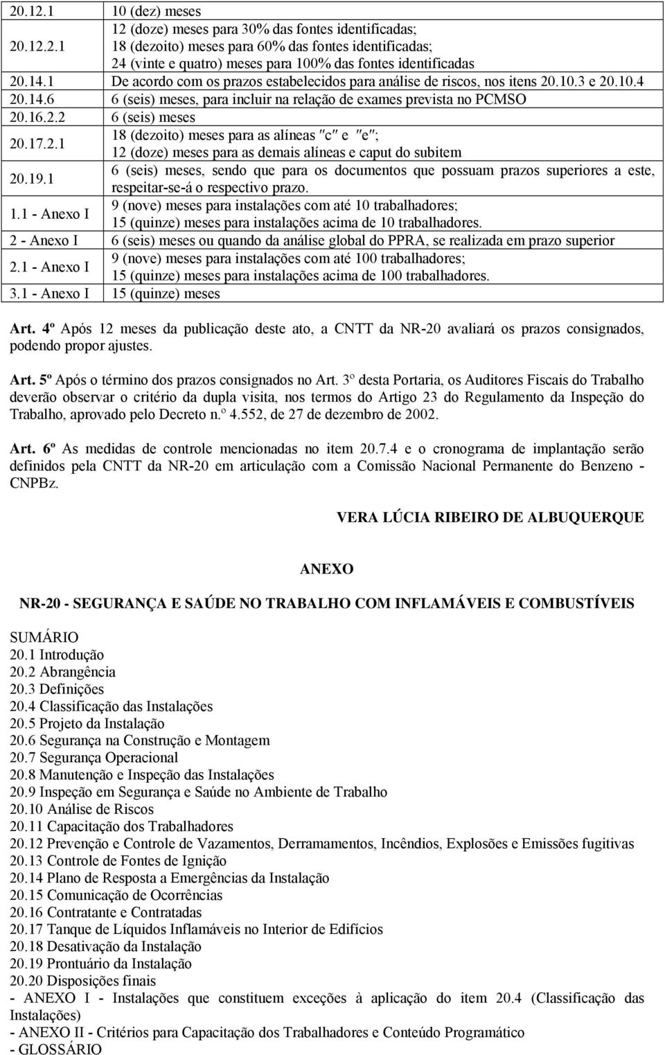 17.2.1 18 (dezoito) meses para as alíneas c e e ; 12 (doze) meses para as demais alíneas e caput do subitem 20.19.