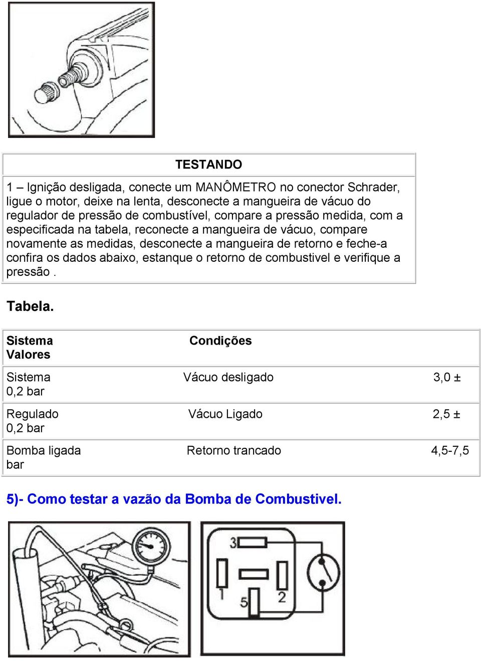 mangueira de retorno e feche-a confira os dados abaixo, estanque o retorno de combustivel e verifique a pressão.