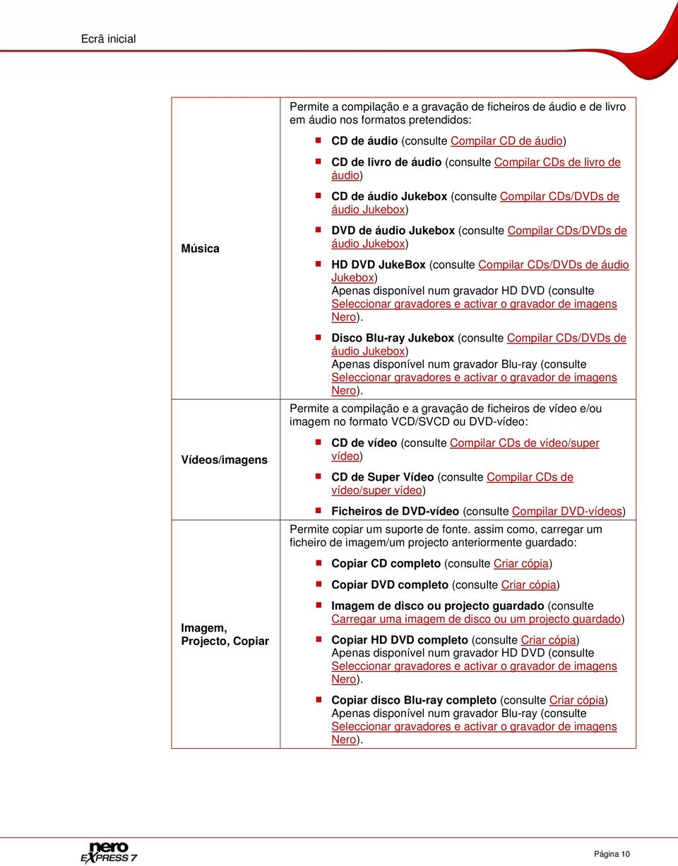 Jukebox) HD DVD JukeBox (consulte Compilar CDs/DVDs de áudio Jukebox) Apenas disponível num gravador HD DVD (consulte Seleccionar gravadores e activar o gravador de imagens Nero).