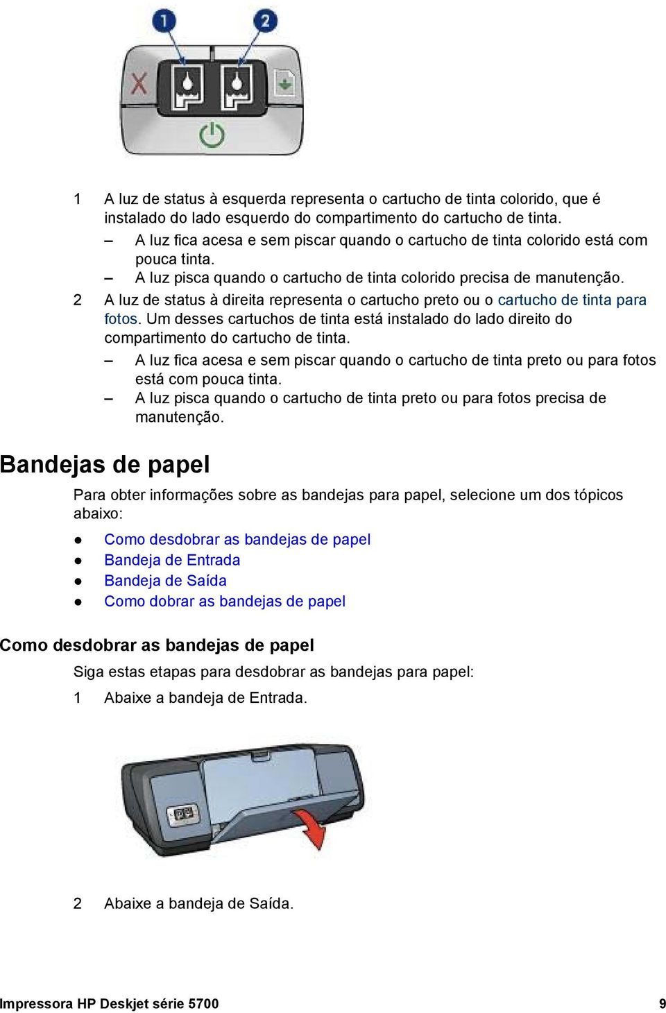 2 A luz de status à direita representa o cartucho preto ou o cartucho de tinta para fotos. Um desses cartuchos de tinta está instalado do lado direito do compartimento do cartucho de tinta.