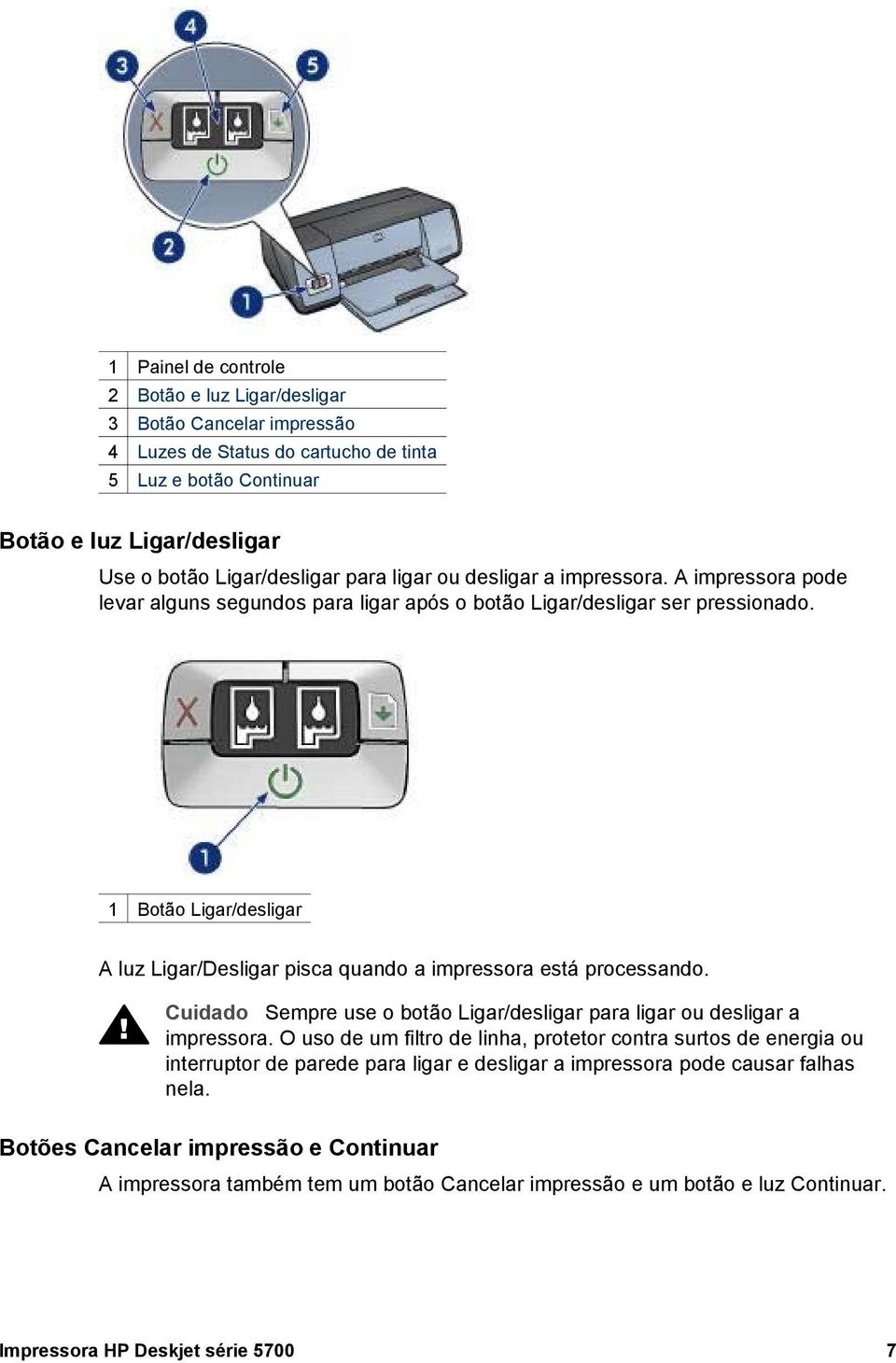 1 Botão Ligar/desligar A luz Ligar/Desligar pisca quando a impressora está processando. Cuidado Sempre use o botão Ligar/desligar para ligar ou desligar a impressora.