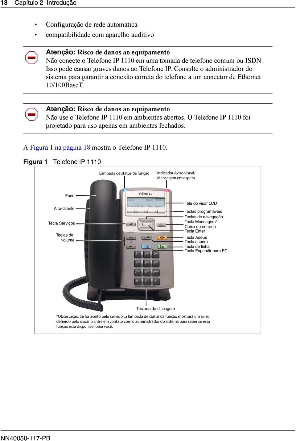 Atenção: Risco de danos ao equipamento Não use o Telefone IP 1110 em ambientes abertos. O Telefone IP 1110 foi projetado para uso apenas em ambientes fechados.