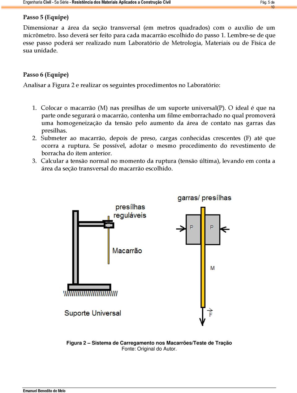 Passo 6 (Equipe) Analisar a Figura 2 e realizar os seguintes procedimentos no Laboratório: 1. Colocar o macarrão (M) nas presilhas de um suporte universal(p).