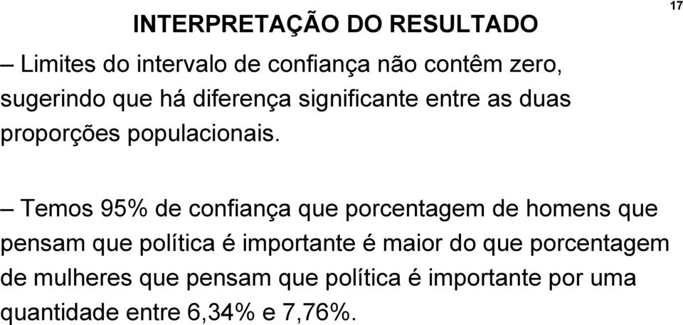 Temos 95% de confiança que porcentagem de homens que pensam que política é importante é