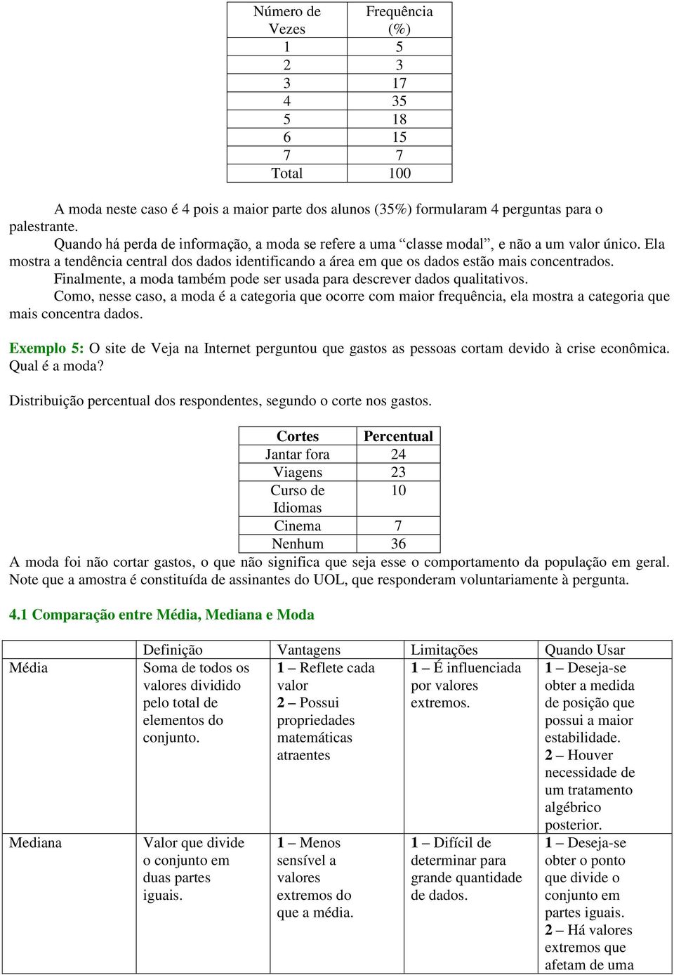 Finalmente, a moda também pode ser usada para descrever dados qualitativos. Como, nesse caso, a moda é a categoria que ocorre com maior frequência, ela mostra a categoria que mais concentra dados.