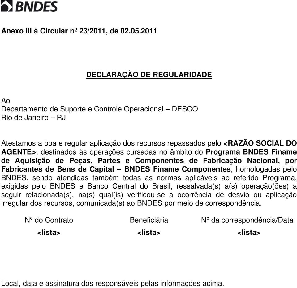 destinados às operações cursadas no âmbito do Programa BNDES Finame de Aquisição de Peças, Partes e Componentes de Fabricação Nacional, por Fabricantes de Bens de Capital BNDES Finame Componentes,