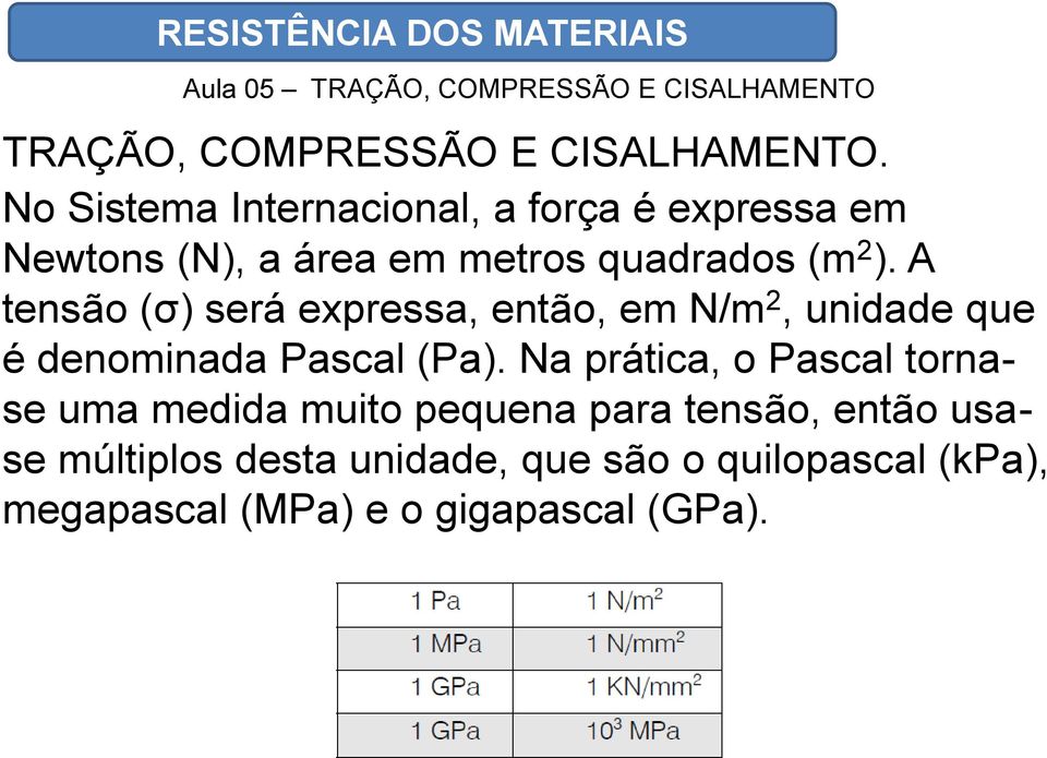 A tensão (σ) será expressa, então, em N/m 2, unidade que é denominada Pascal (Pa).