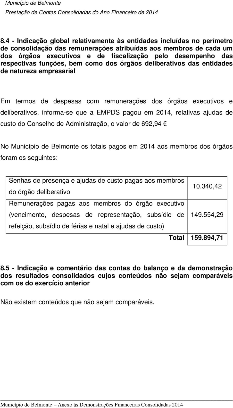em 2014, relativas ajudas de custo do Conselho de Administração, o valor de 692,94 No Município de Belmonte os totais pagos em 2014 aos membros dos órgãos foram os seguintes: Senhas de presença e