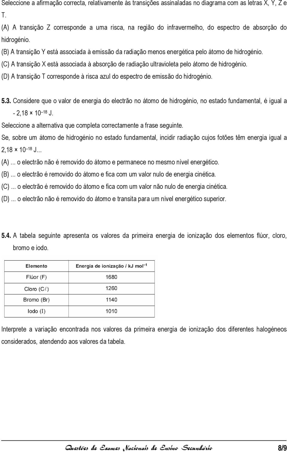 (B) A transição Y está associada à emissão da radiação menos energética pelo átomo de hidrogénio. (C) A transição X está associada à absorção de radiação ultravioleta pelo átomo de hidrogénio.