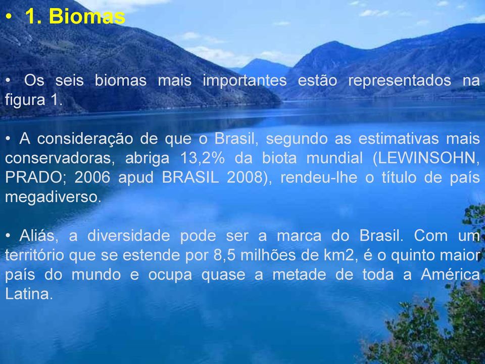 (LEWINSOHN, PRADO; 2006 apud BRASIL 2008), rendeu-lhe o título de país megadiverso.