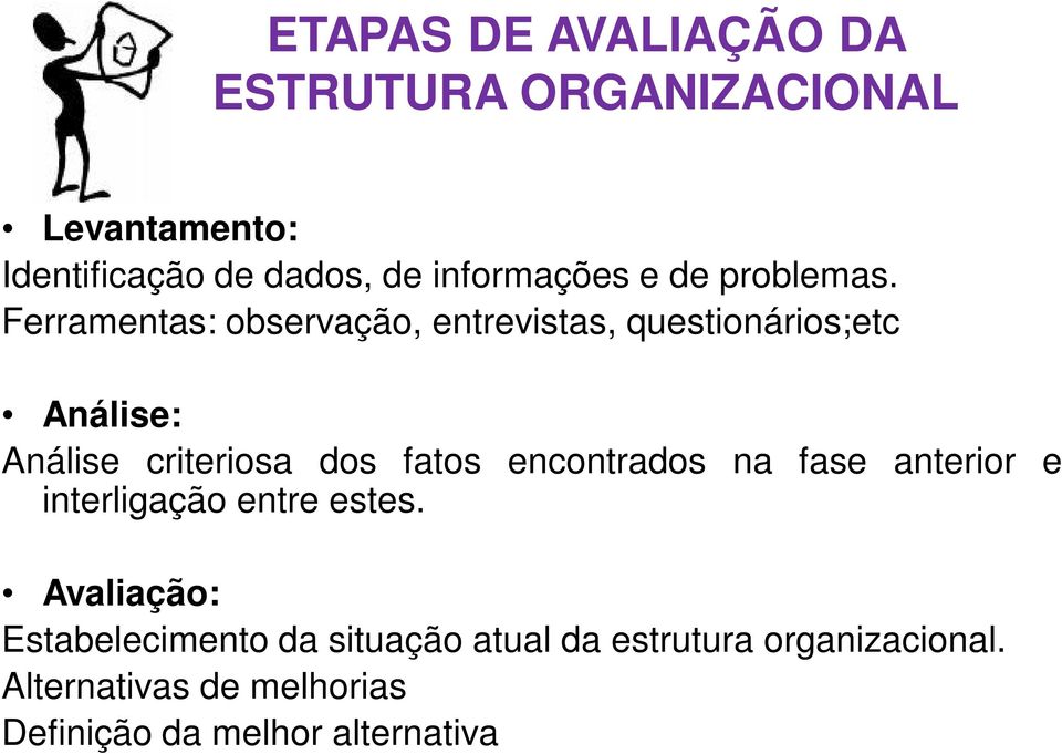 Ferramentas: observação, entrevistas, questionários;etc Análise: Análise criteriosa dos fatos