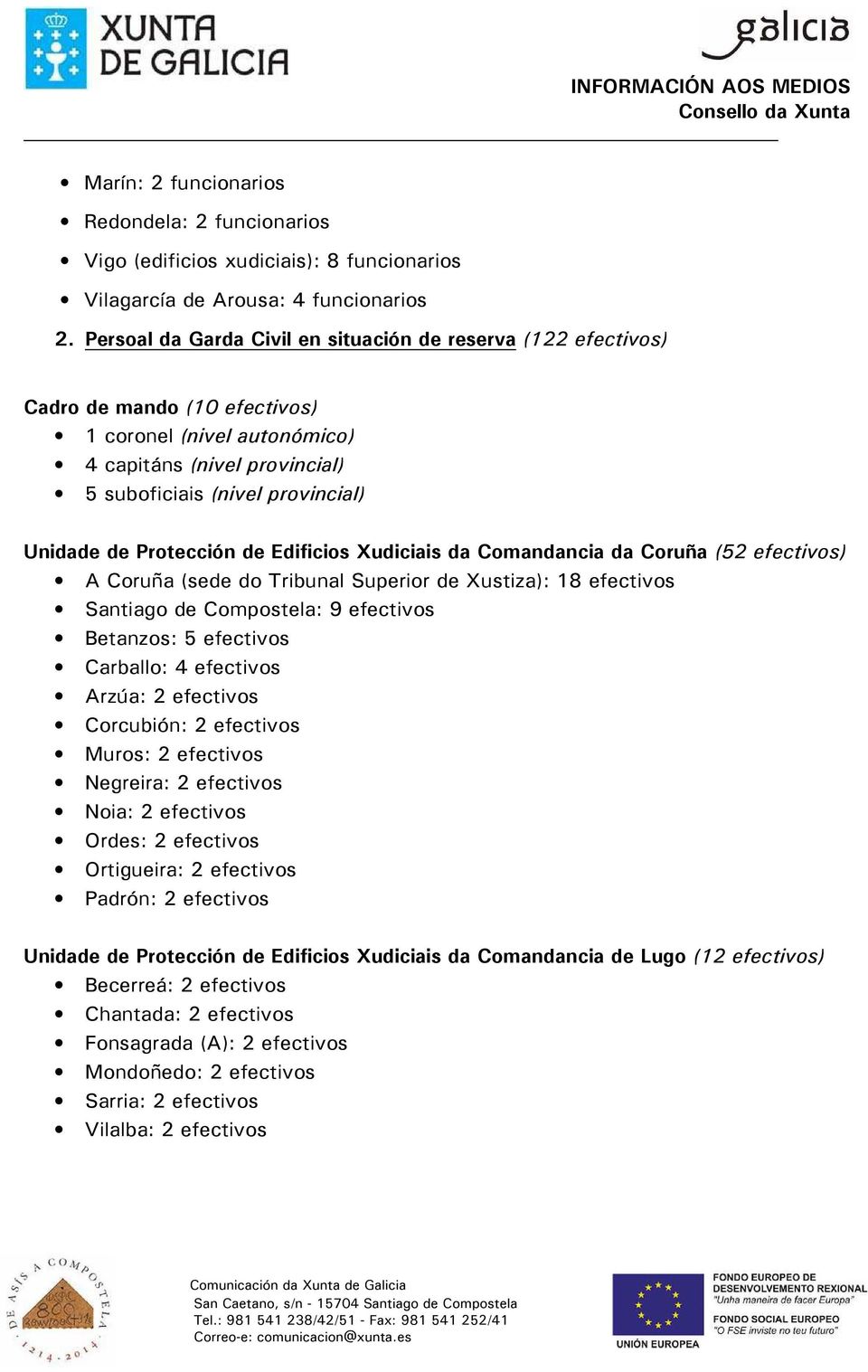 Protección de Edificios Xudiciais da Comandancia da Coruña (52 efectivos) A Coruña (sede do Tribunal Superior de Xustiza): 18 efectivos Santiago de Compostela: 9 efectivos Betanzos: 5 efectivos