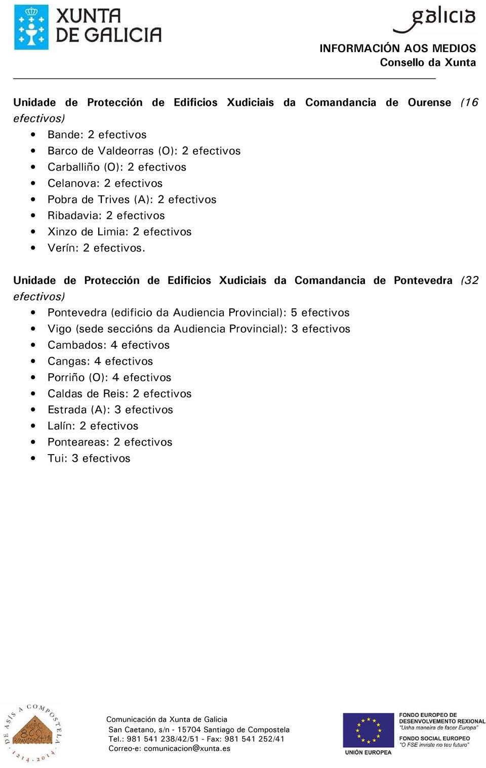 Unidade de Protección de Edificios Xudiciais da Comandancia de Pontevedra (32 efectivos) Pontevedra (edificio da Audiencia Provincial): 5 efectivos Vigo (sede seccións da