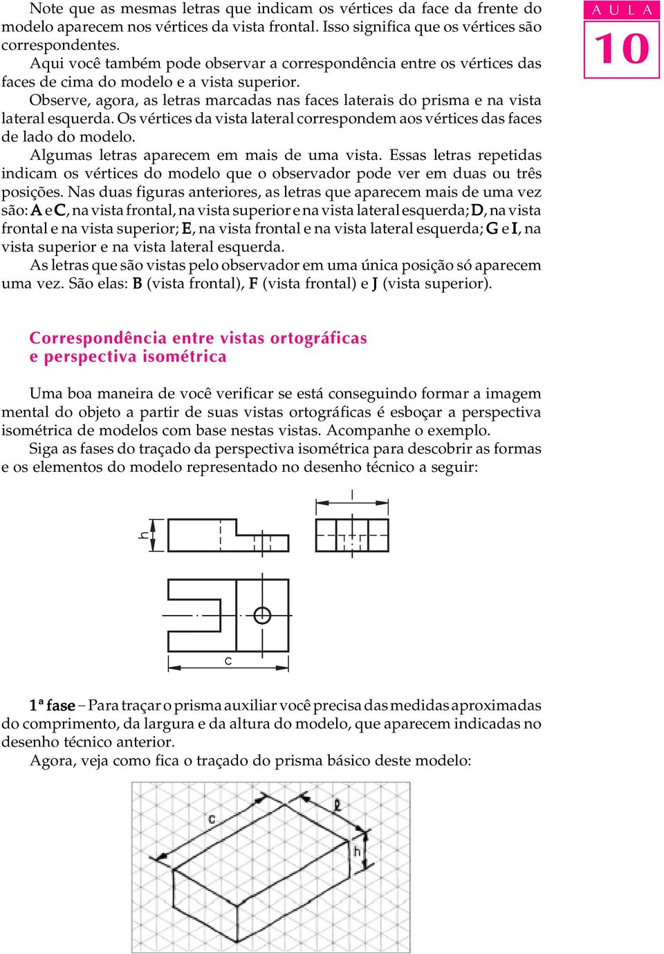 Observe, agora, as letras marcadas nas faces laterais do prisma e na vista lateral esquerda. Os vértices da vista lateral correspondem aos vértices das faces de lado do modelo.