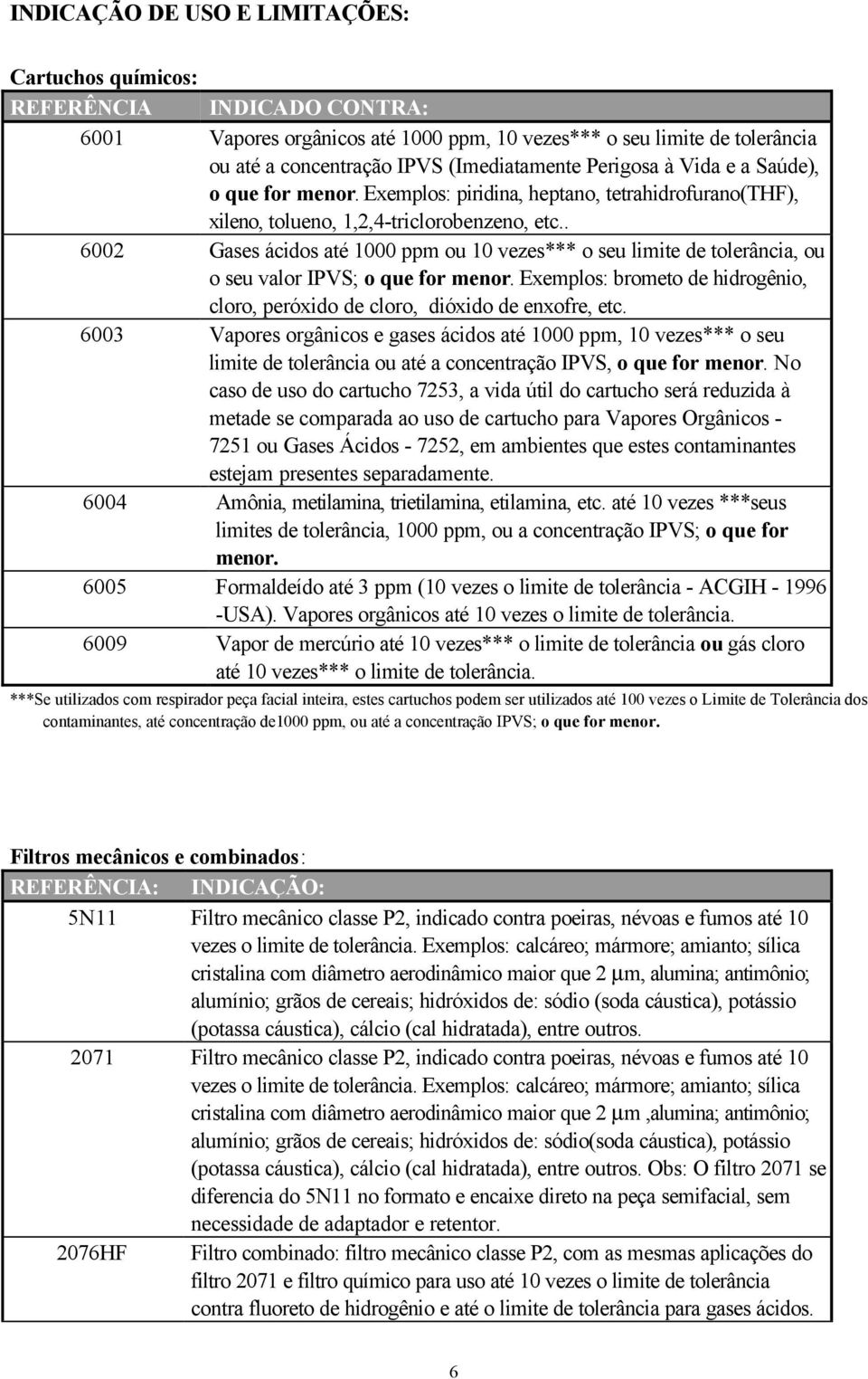 . 6002 Gases ácidos até 1000 ppm ou 10 vezes*** o seu limite de tolerância, ou o seu valor IPVS; o que for menor. Exemplos: brometo de hidrogênio, cloro, peróxido de cloro, dióxido de enxofre, etc.