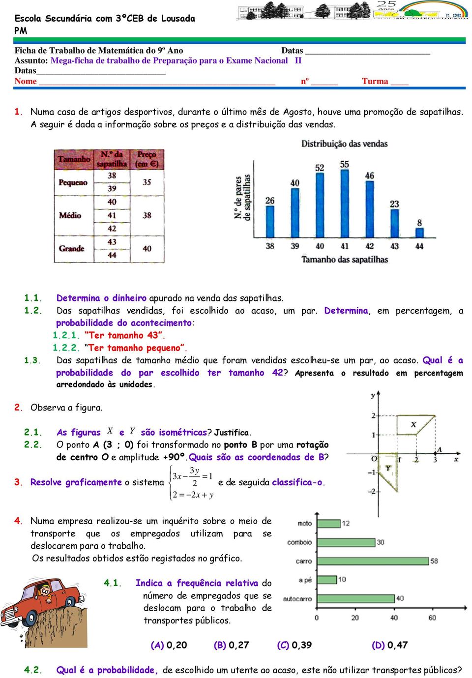 1. Determina o dinheiro apurado na venda das sapatilhas. 1.. Das sapatilhas vendidas, foi escolhido ao acaso, um par. Determina, em percentagem, a probabilidade do acontecimento: 1..1. Ter tamanho 43.