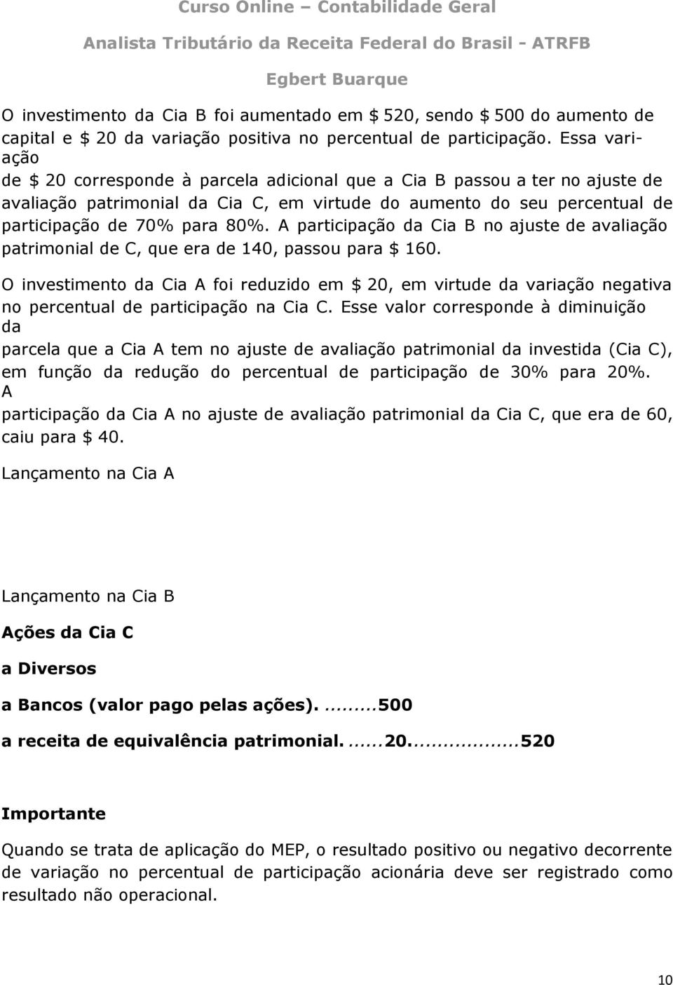 A participação da Cia B no ajuste de avaliação patrimonial de C, que era de 140, passou para $ 160.