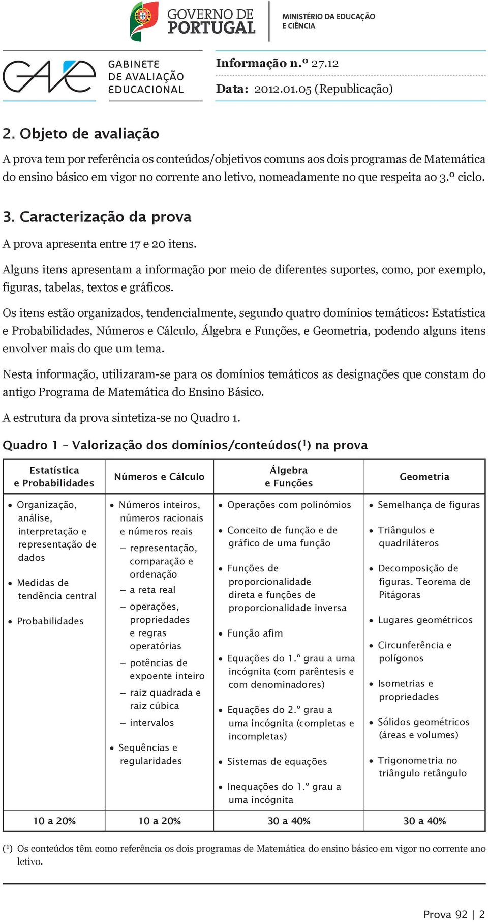 Os itens estão organizados, tendencialmente, segundo quatro domínios temáticos: Estatística e Probabilidades, Números e Cálculo, Álgebra e Funções, e Geometria, podendo alguns itens envolver mais do