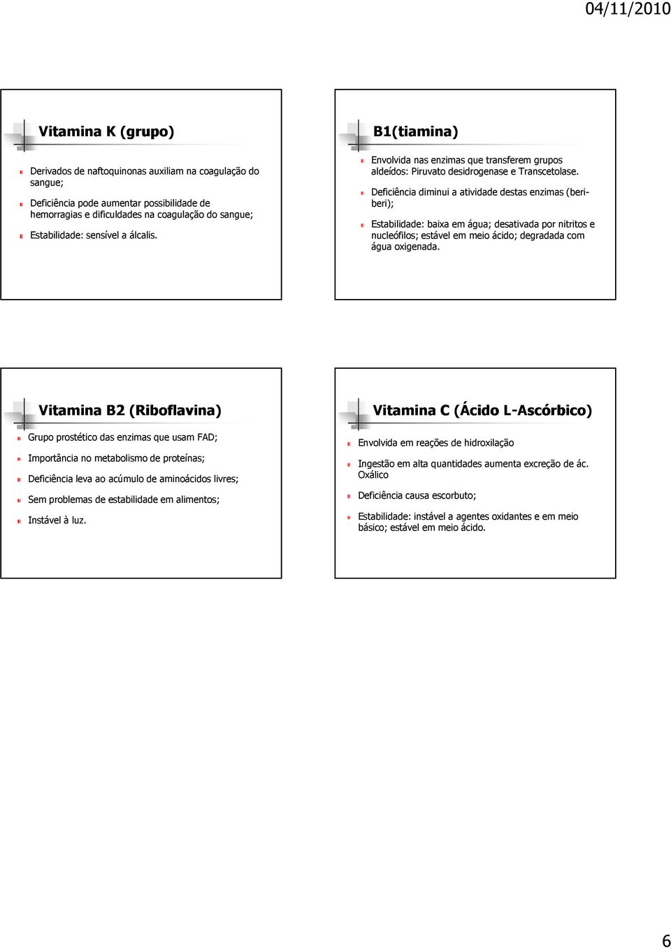 Deficiência diminui a atividade destas enzimas (beriberi); Estabilidade: baixa em água; desativada por nitritos e nucleófilos; estável em meio ácido; degradada com água oxigenada.