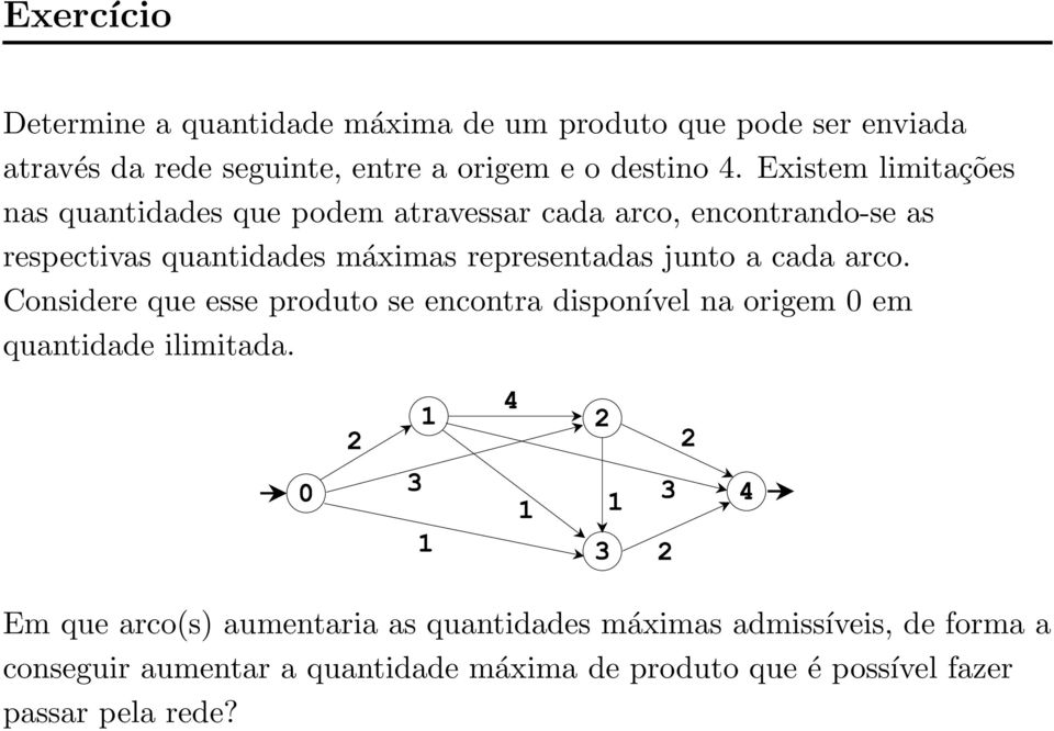 junto a cada arco. Considere que esse produto se encontra disponível na origem 0 em quantidade ilimitada.