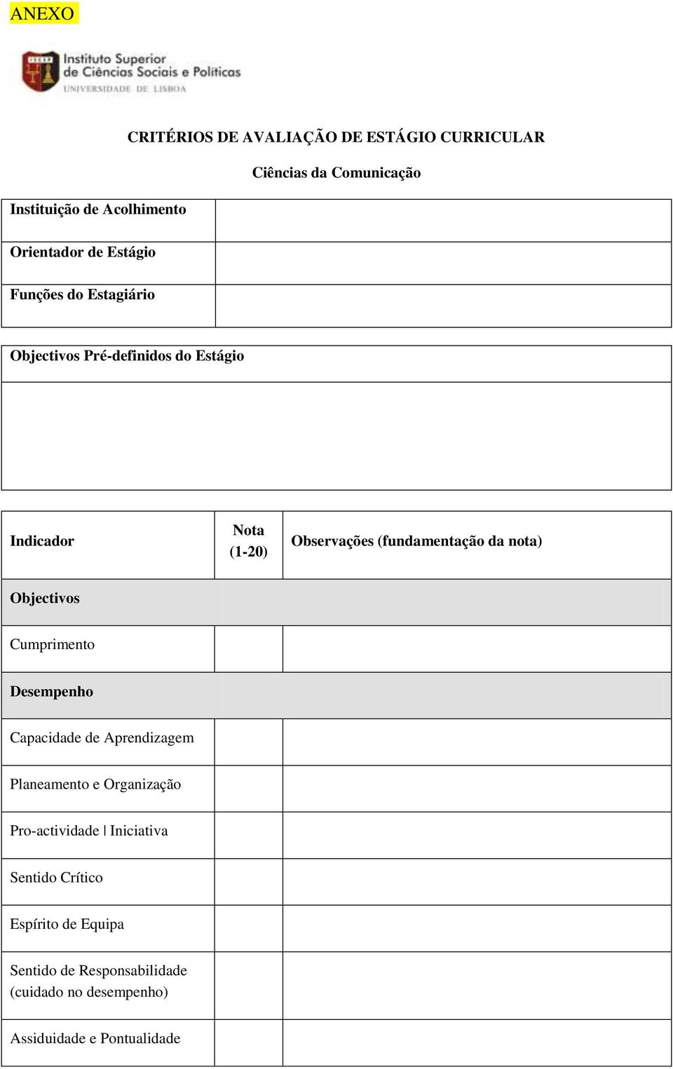 da nota) Objectivos Cumprimento Desempenho Capacidade de Aprendizagem Planeamento e Organização Pro-actividade