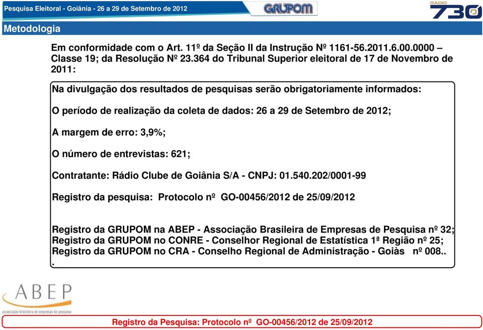 Setembro de 2012; A margem de erro: 3,9%; O número de entrevistas: 621; Contratante: Rádio Clube de Goiânia S/A - CNPJ: 01.540.