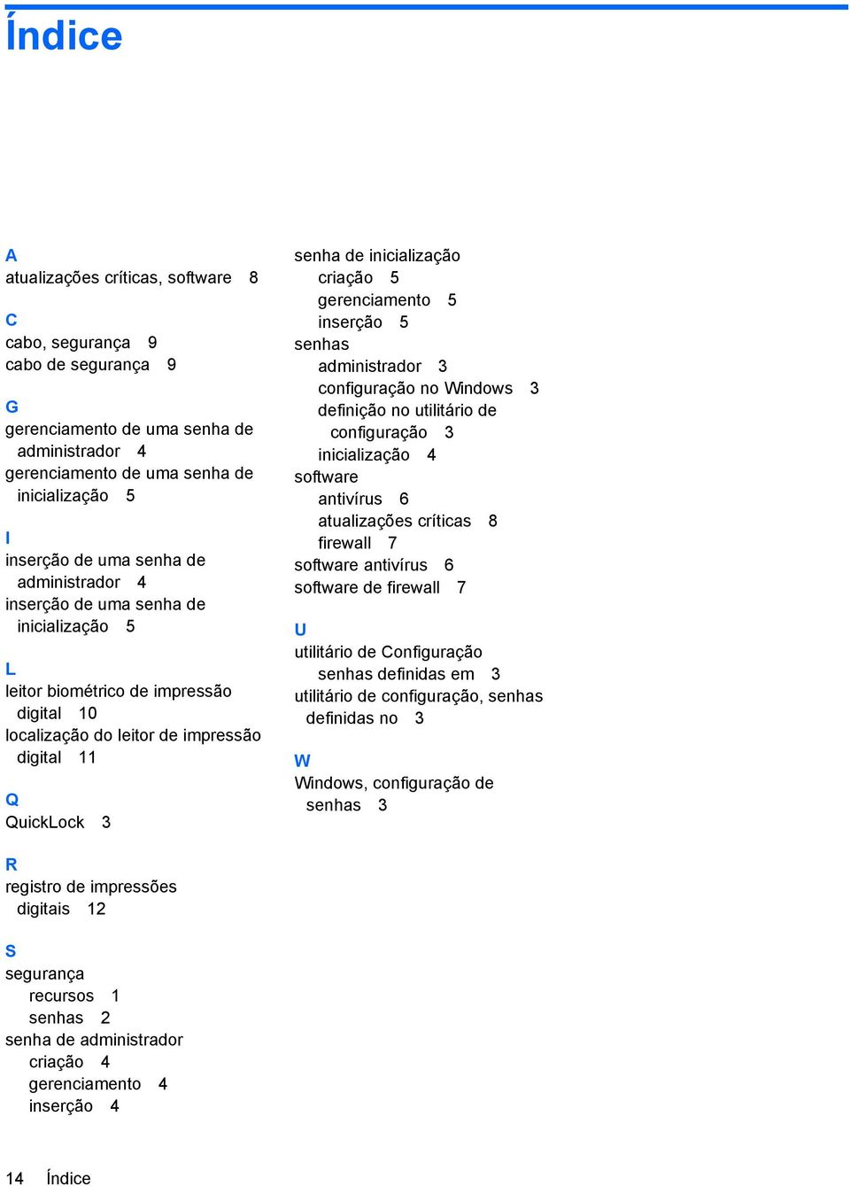 criação 5 gerenciamento 5 inserção 5 senhas administrador 3 configuração no Windows 3 definição no utilitário de configuração 3 inicialização 4 software antivírus 6 atualizações críticas 8 firewall 7