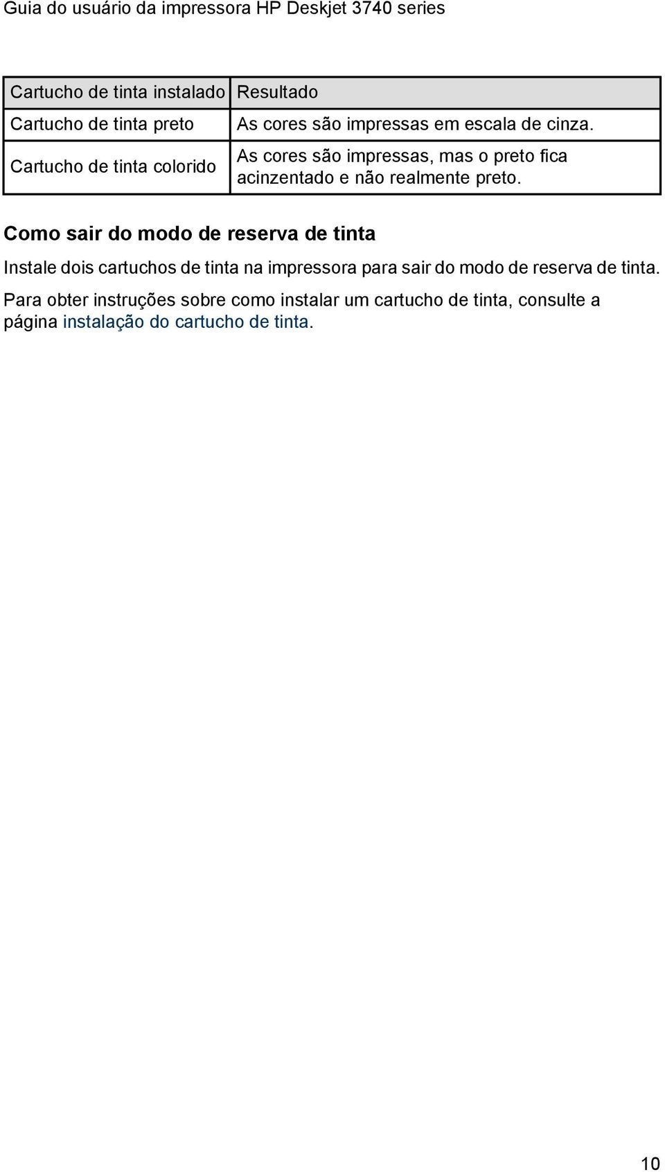 Como sair do modo de reserva de tinta Instale dois cartuchos de tinta na impressora para sair do modo de