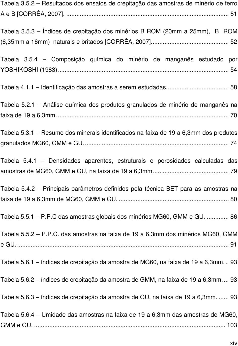 ... 70 Tabela 5.3.1 Resumo dos minerais identificados na faixa de 19 a 6,3mm dos produtos granulados MG60, GMM e GU... 74 