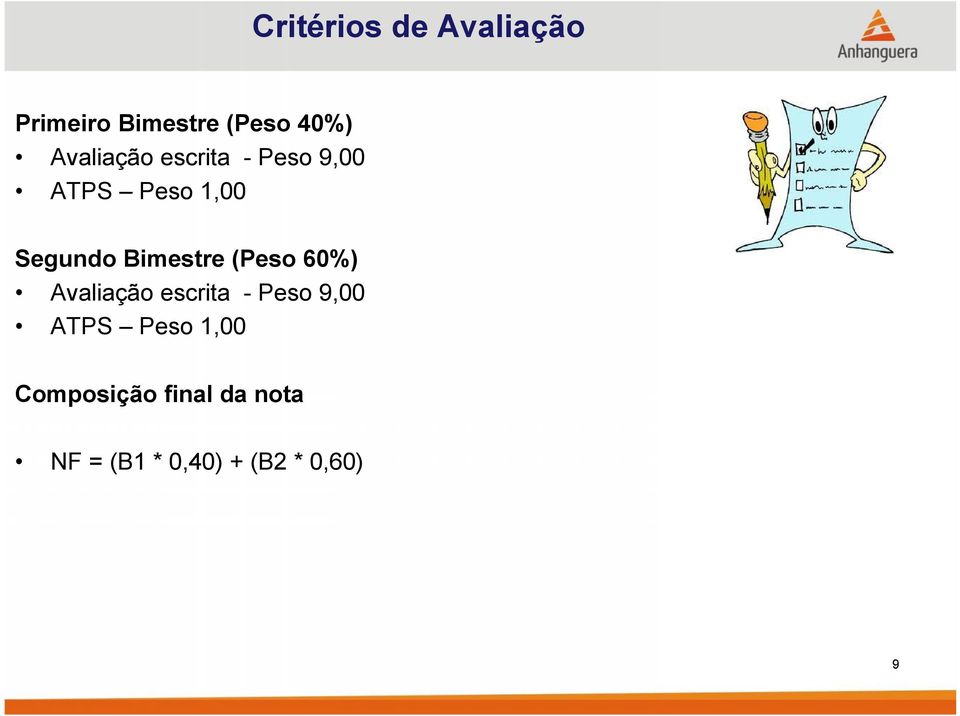 Bimestre (Peso 60%) Avaliação escrita - Peso 9,00 ATPS