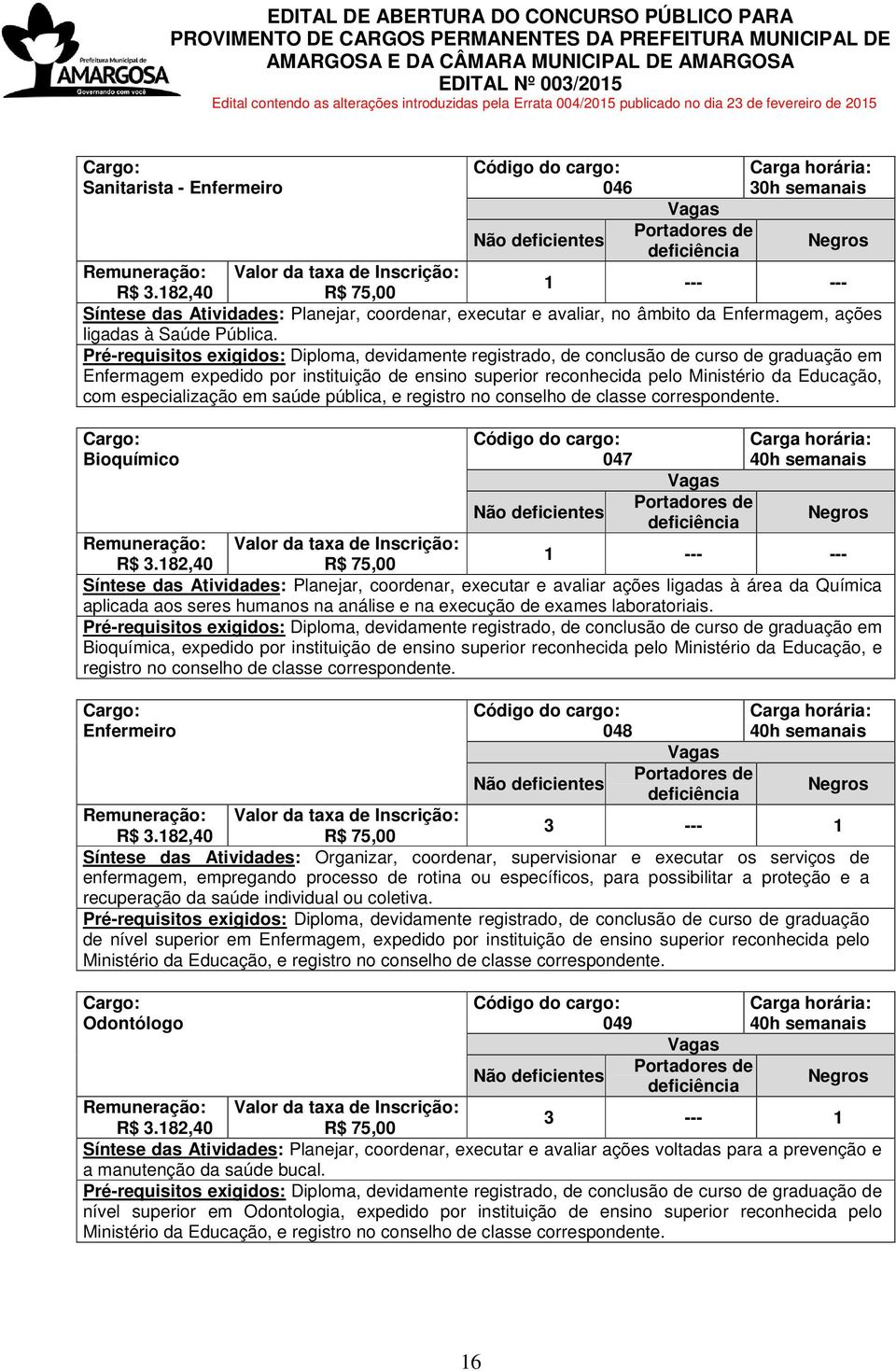 especialização em saúde pública, e registro no conselho de classe correspondente. Bioquímico 047 R$ 3.