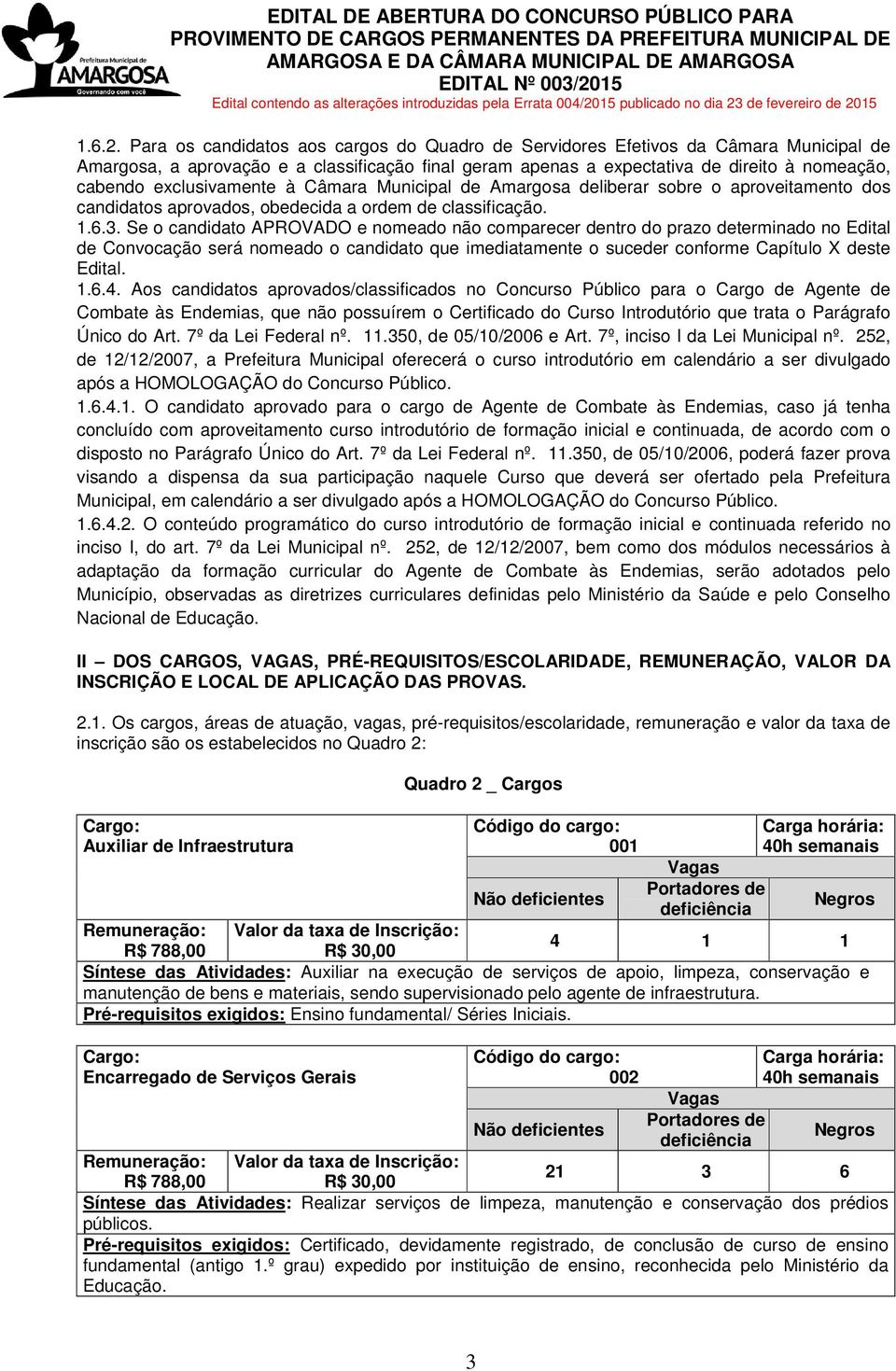 exclusivamente à Câmara Municipal de Amargosa deliberar sobre o aproveitamento dos candidatos aprovados, obedecida a ordem de classificação. 1.6.3.