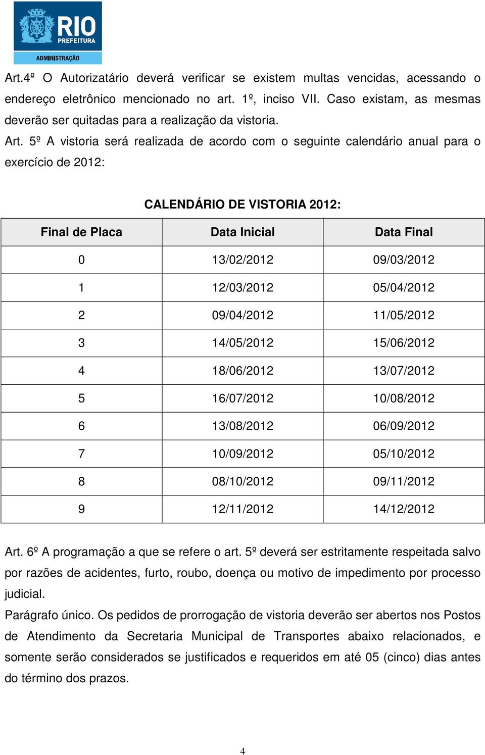 5º A vistoria será realizada de acordo com o seguinte calendário anual para o exercício de 2012: CALENDÁRIO DE VISTORIA 2012: Final de Placa Data Inicial Data Final 0 13/02/2012 09/03/2012 1