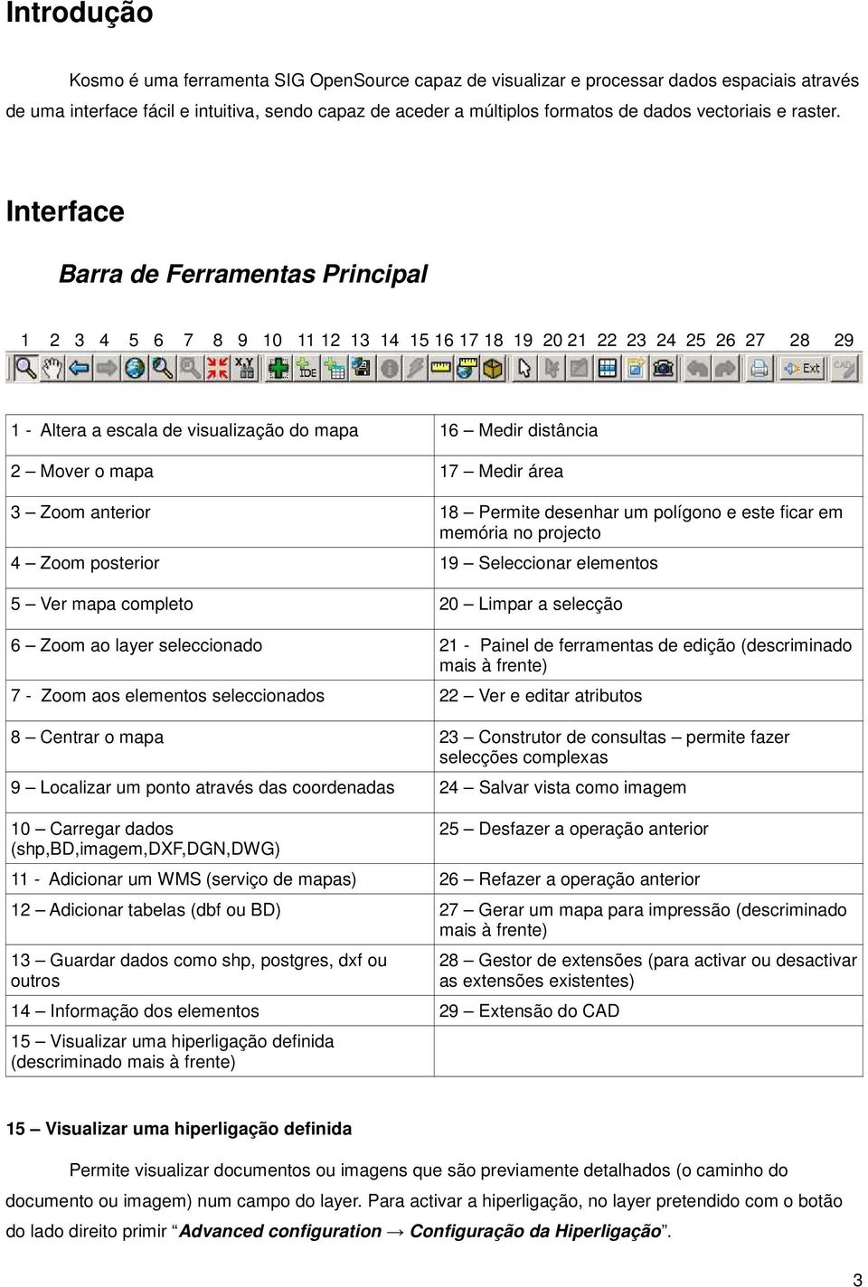 Interface Barra de Ferramentas Principal 1 2 3 4 5 6 7 8 9 10 11 12 13 14 15 16 17 18 19 20 21 22 23 24 25 26 27 28 29 1 - Altera a escala de visualização do mapa 16 Medir distância 2 Mover o mapa 17