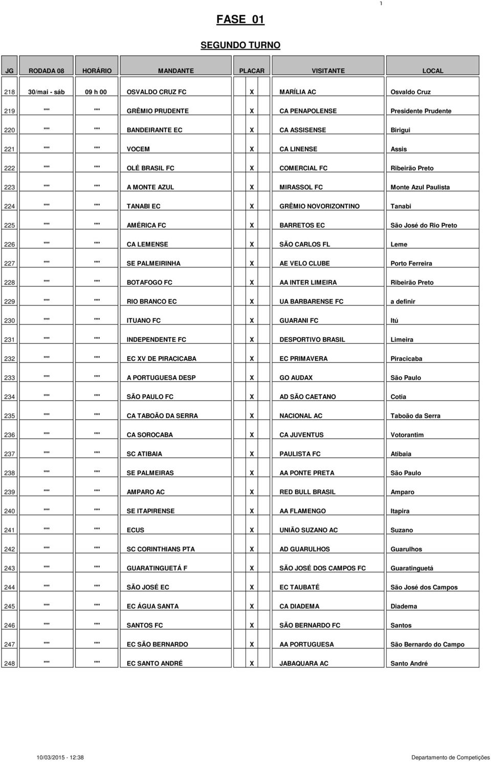 TANABI EC X GRÊMIO NOVORIZONTINO Tanabi 225 "" "" AMÉRICA FC X BARRETOS EC São José do Rio Preto 226 "" "" CA LEMENSE X SÃO CARLOS FL Leme 227 "" "" SE PALMEIRINHA X AE VELO CLUBE Porto Ferreira 228