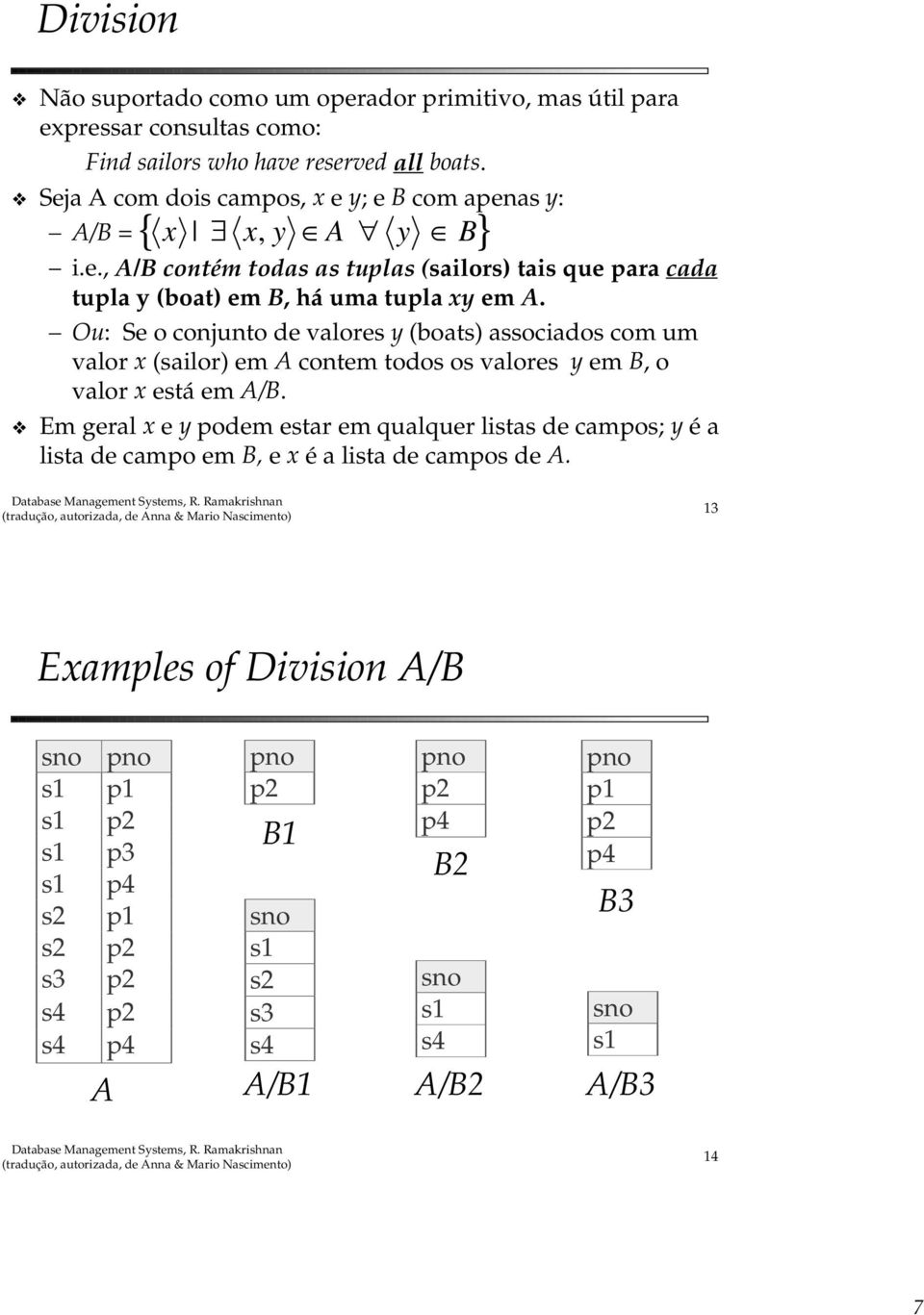 Ou: Se o conjunto de valores y (boats) associados com um valor x (sailor) em A contem todos os valores y em B, o valor x está em A/B.
