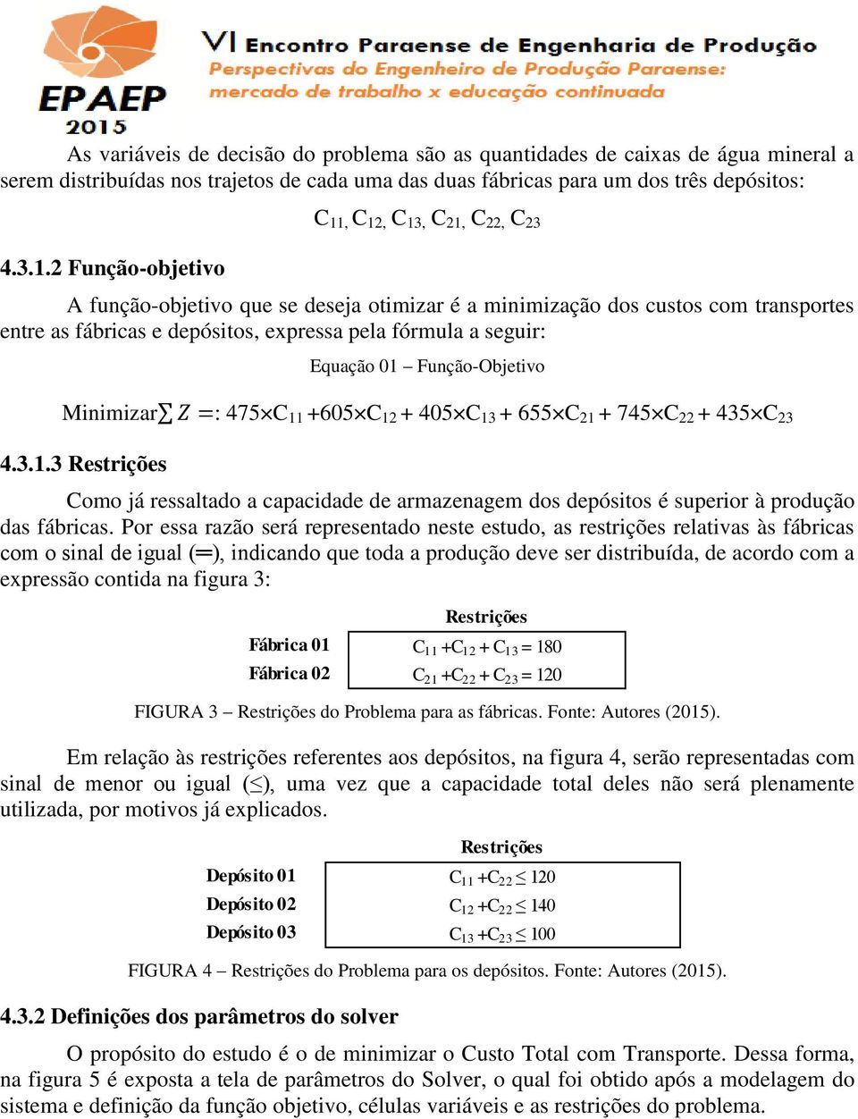 Equação 01 Função-Objetivo Minimizar : 475 C 11 +605 C 12 + 405 C 13 + 655 C 21 + 745 C 22 + 435 C 23 4.3.1.3 Restrições Como já ressaltado a capacidade de armazenagem dos depósitos é superior à produção das fábricas.