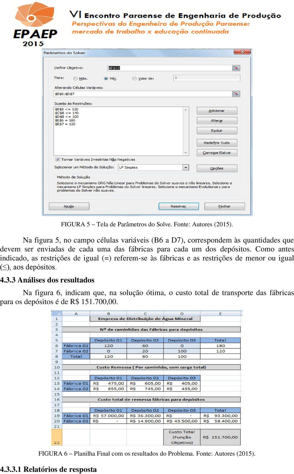 depósitos. Como antes indicado, as restrições de igual (=) referem-se às fábricas e as restrições de menor ou igual ( ), aos depósitos. 4.3.