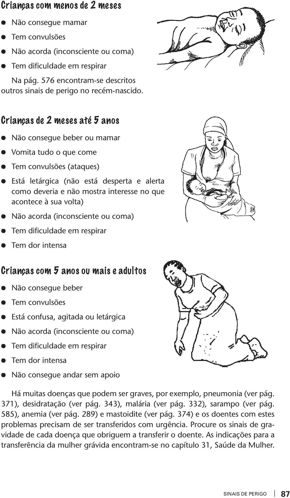 à sua olta) Tem dor intensa Crianças com 5 anos ou mais e adultos Não consegue beber Tem conulsões Está confusa, agitada ou letárgica Tem dor intensa Não consegue andar sem apoio Há muitas doenças